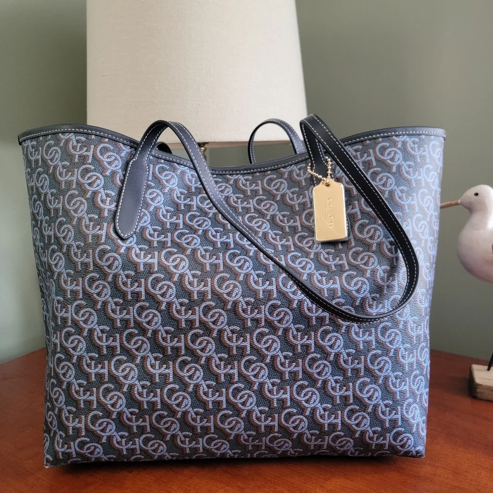 Coach CF342 City Tote Navy Blue Monogram Signature Canvas Leather NWT